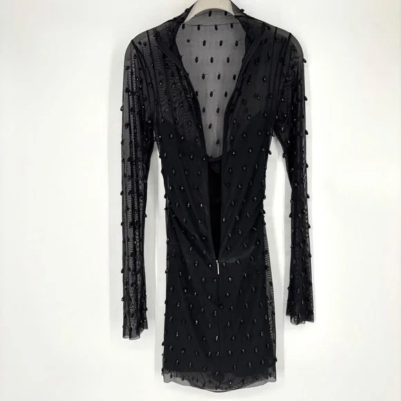 H&M Studio 2023 Beaded Mesh Mini Dress Long Sleeve Party Cocktail Mock Neck - Picture 8 of 14